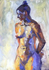 oil painting of female nude using contrasting orange and purple