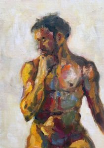oil painting subtle nude male in contemplation pose