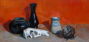 oil painting of kangaroo skull and vases