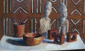 oil painting of African Sculptures and wooden ornaments