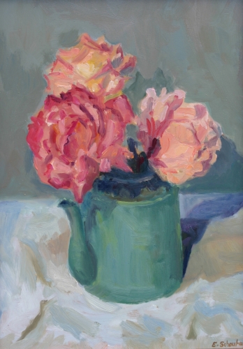 Green teapot with roses