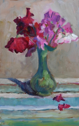 Green vase with Poppies and sweet pea